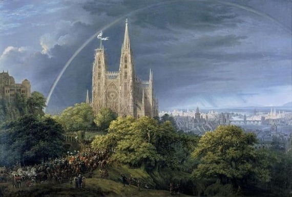 Karl Friedrich Schinkel: Mittelalterliche Stadt an einem Fluss, 1815