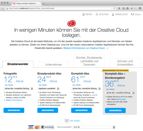 Preisvarianten Adobe Creative Cloud: 61,49 Euro