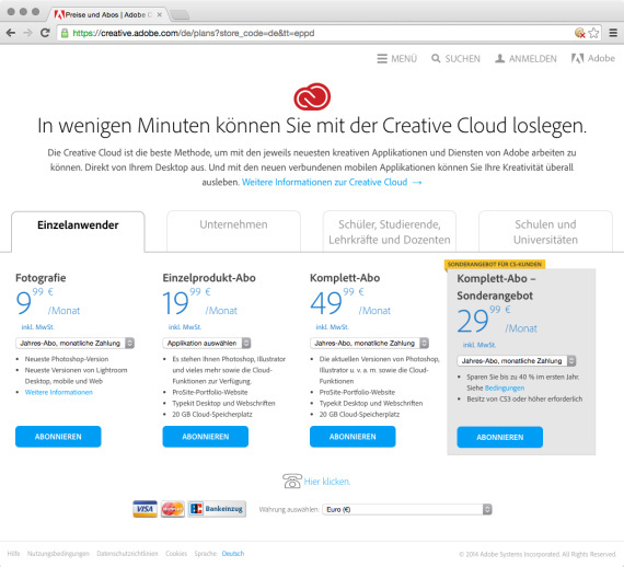 Preisvarianten Adobe Creative Cloud: 49,99 Euro