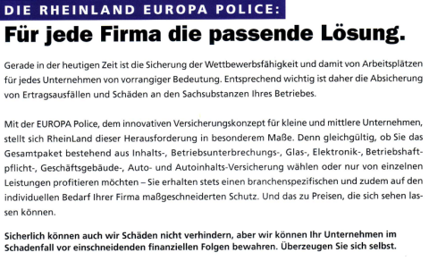RheinLand Versicherungen: Folder „Europa Police“ (S. 2/8) – Text