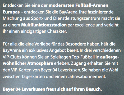 Bayer 04 Leverkusen: Leporello VIP-Club West (S. 2) – Text