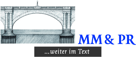 Logo für das PR-Büro MM & PR. Jede Drucksache hat ein anderes Brückenbild.