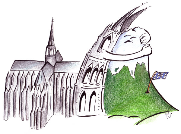Der Kölner Dom umarmt die Zugspitze (Postkartenmotiv)