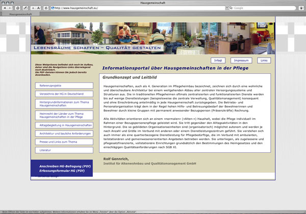 Website (Startseite) für ein Informationsportal zu Hausgemeinschaften