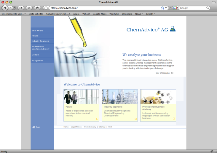 www.chemadvice.com, Kunde: ChemAdvice AG, 2006, Agentur: DesignBureau Vetter