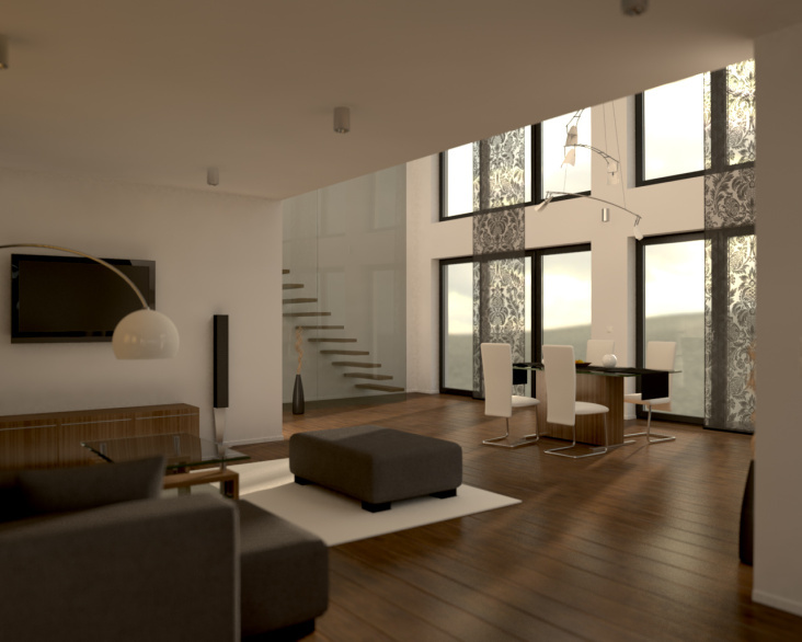 Realistische Visualisierung eines Wohnzimmers bei Abendstimmung