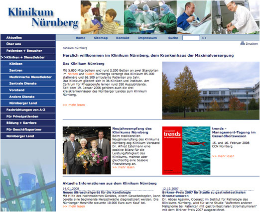 Screendesign für das Portal „Klinikum Nürnberg“