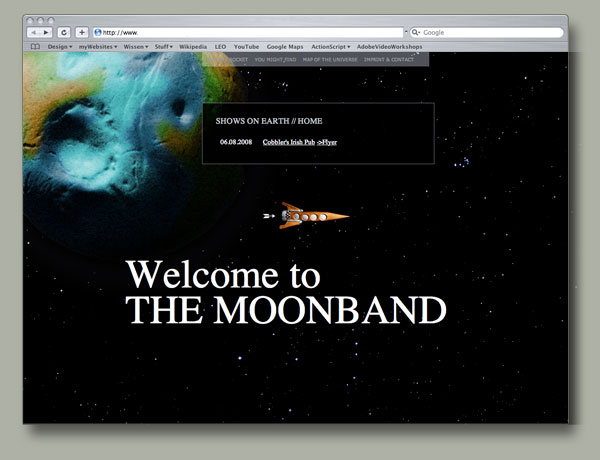 Website der Moonband – Die orange Rakete dient als Hauptnavigation der Seite