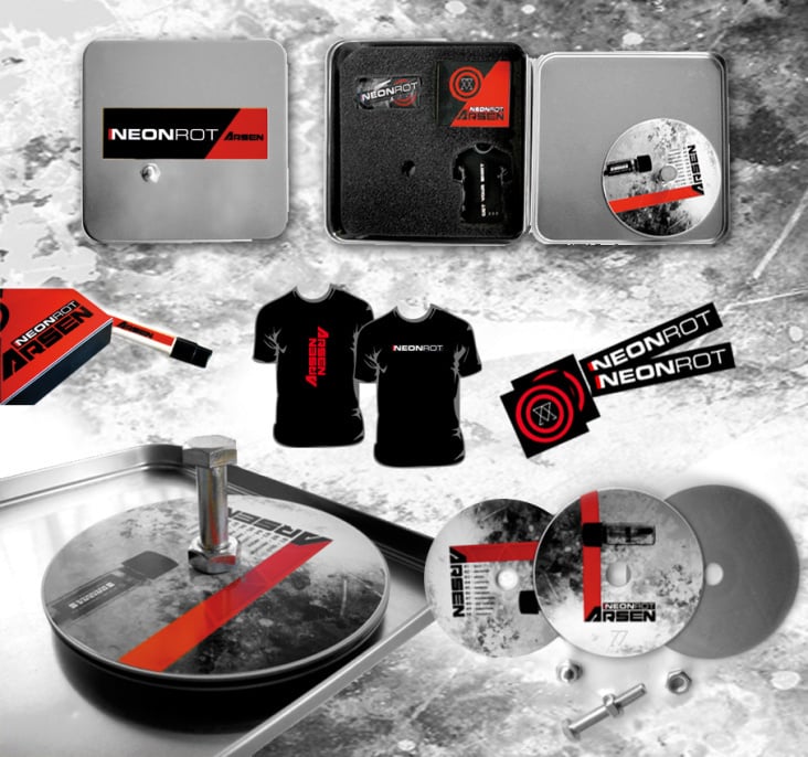 Alubox mit angeschraubter CD, Sticker, Parfum, Shirtgutschein • Arsen (Neonrot)