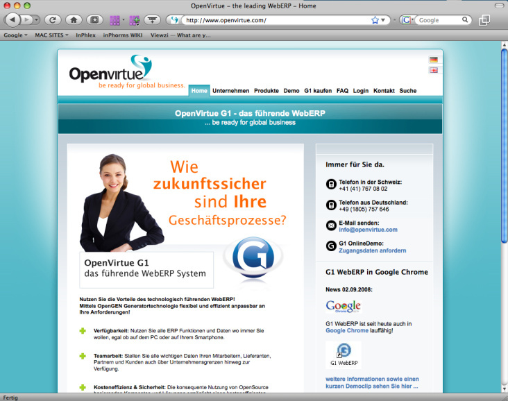 Website der OpenVirtue AG, Baar, Schweiz