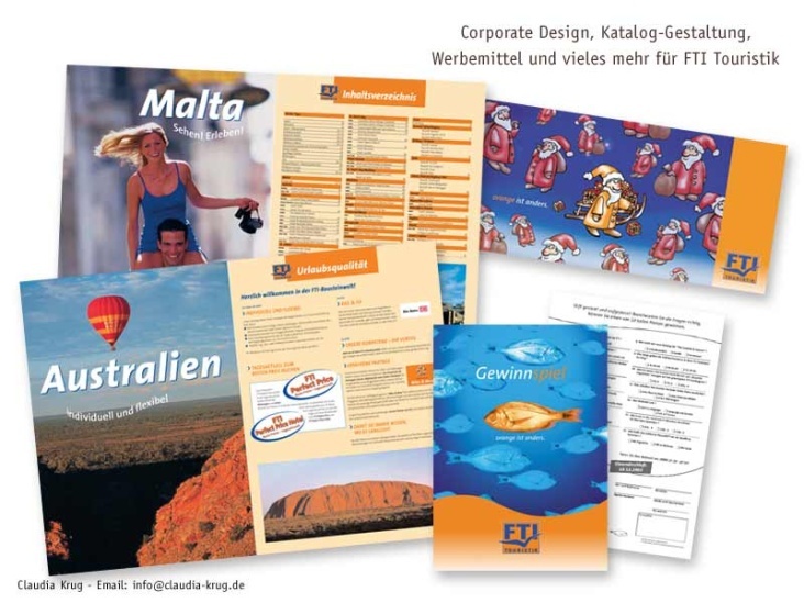 Corporate Design FTI Touristik – Kataloggestaltung, Anzeigen, „Infox“, Plakate, etc.