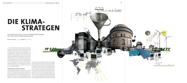 Die Klimastrategen, 3seitige Illustration, Bilfinger-Berger Magazin, 2008