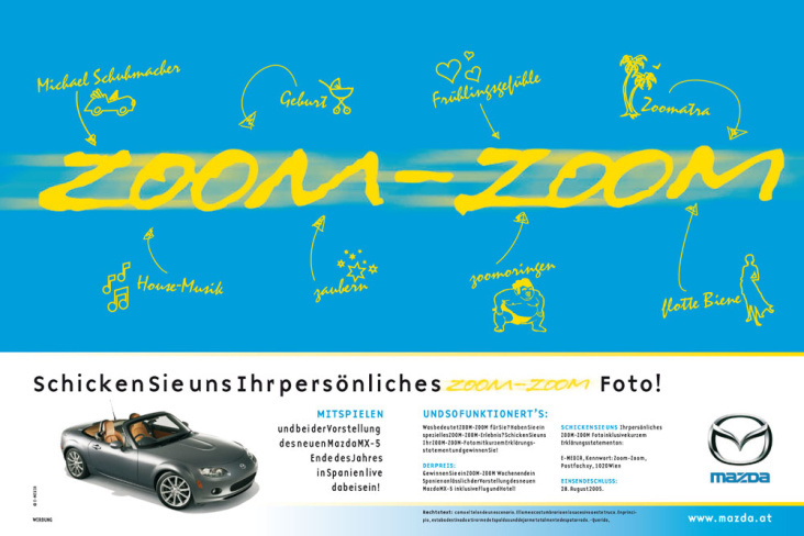 Anzeige und Gewinnspiel zur Etablierung des Mazda Claims „Zoom Zoom“ – TV-MEDIA
