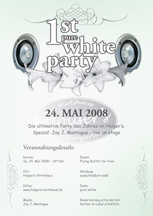 Flyer für „White Party“ – Holger’s Wirtshaus