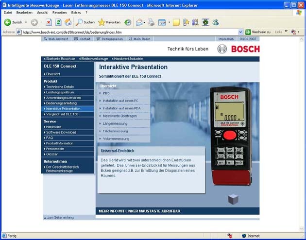Screenshot Productspecial zum Bosch DLE 150 Connect