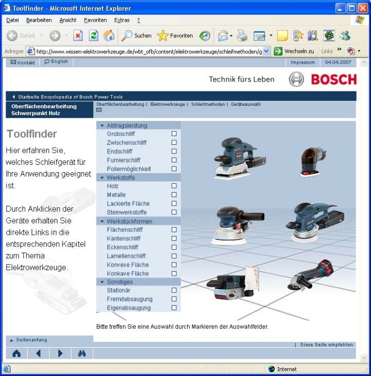 Screenshot Schleifmethoden – Geräteauswahl