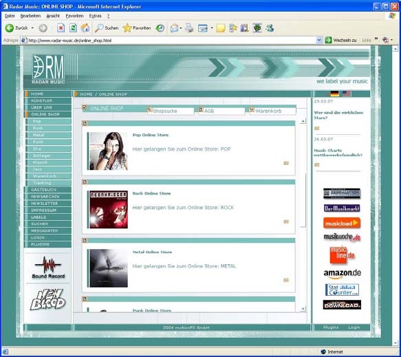 Screenshot Webshop Radar Music Webseite