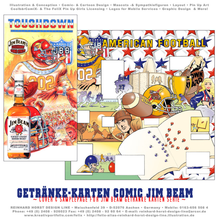 Cover & Doppelseite aus einem Getränkekarten Comic für Jim Beam