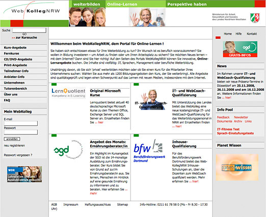Screendesign für das Portal „Webkolleg NRW“