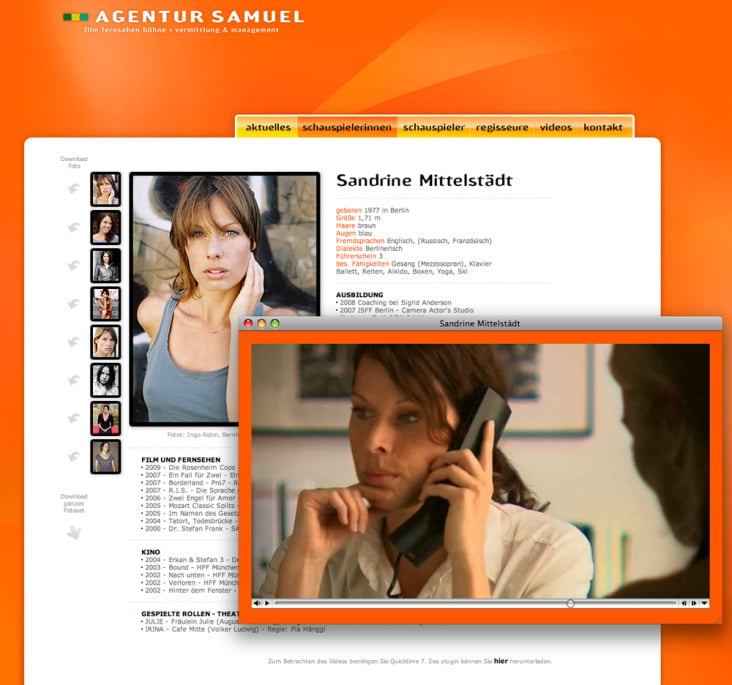 Schauspielerseite mit Videofenster