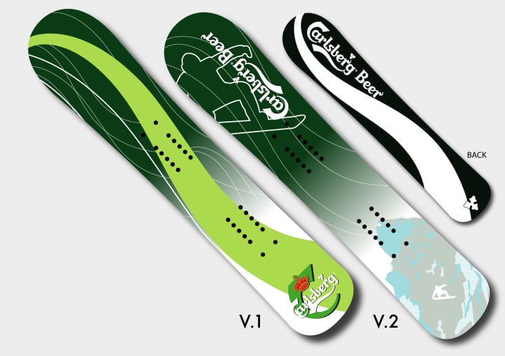 Zwei Designs für Carlsberg & Rossignol Snowboard. V.1 wurde letztendlich gewählt.