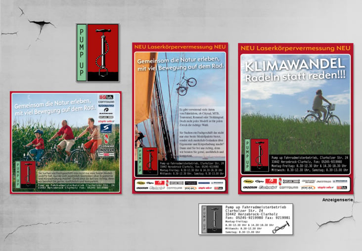 Anzeigenserie in verschiedenen Formaten für den Fahrradmeisterbetrieb „Pump Up“ in Herzebrock-Clarholz