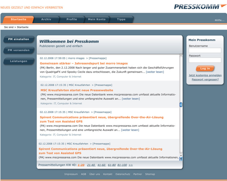 Entwurf für eine Website der Firma Presskomm