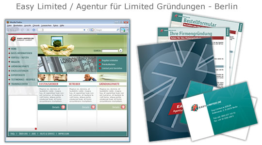 Easy Limited – Agentur für Limited Gründungen – Mappen, Visitenkarten, Briefbogen, Webseite