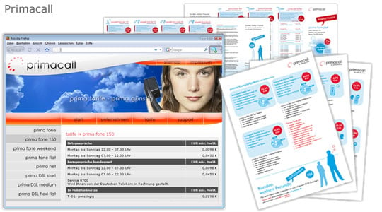 Primacall – Werbefolder und andere -materialien, Webseite