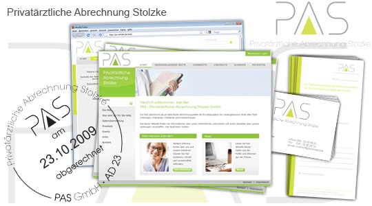 Privatärztliche Abrechnung Stolzke – Logo, Visitenkarten, Briefbogen, Stempel, Folder, Arbeitsblöcke, Webseite