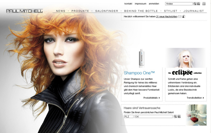 Relaunch www.paulmitchell.de: Screendesign, Creative Lead