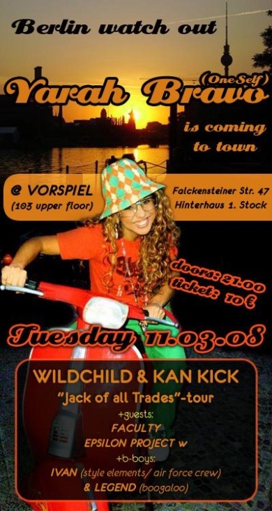 Eventflyer für Show von Yarah Bravo, Wildchild & Kan Kick im Vorspiel, Berlin