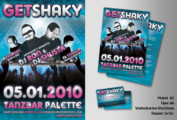 Get Shaky – Plakat, Flyer und Eintrittskarten