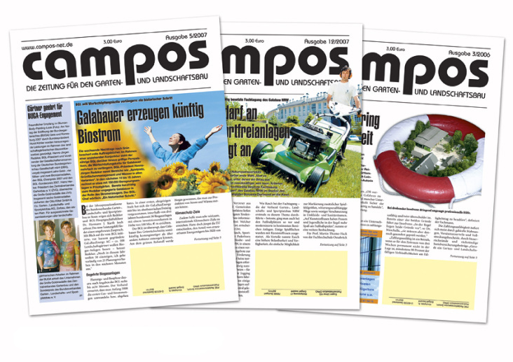 campos – Zeitung für den Garten- und Landschaftsbau, Layout und Bildauswahl, monatlich, ca. 34 Seiten