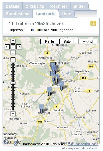Tabs mit Google-Karte und Markierungen (Screenshot)