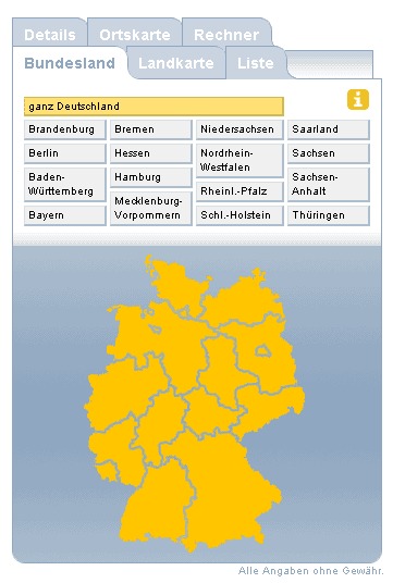 Tabs mit Auswahl Bundesland (Screenshot)