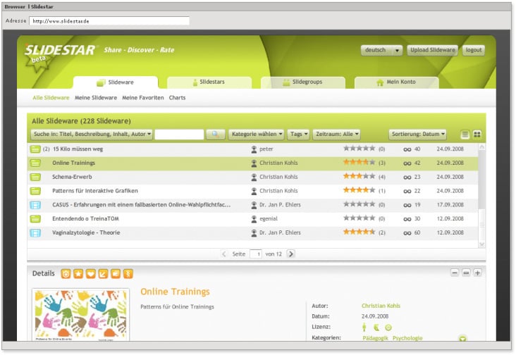 www.slidestar.de – Wissens Community Platform – Flex/Flash – Art Direction – 2008