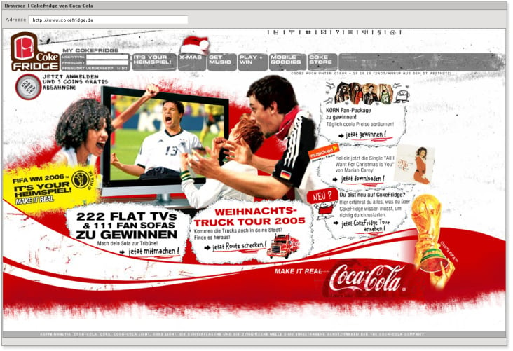 www.cokefridge.de – Coca Cola GmbH – e-Plattform für verschiedenste Projekte/Gewinnaktionen – Screen/Flashdesign 2005-2006