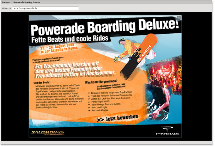 Powerade (Coca Cola GmbH) – „Powerade Boarding Deluxe” Kampagne – Flash Microsite – Ideenfindung/Screendesign 2005