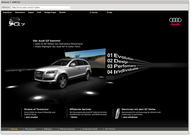 Audi – Q7 Special – www.audi.com/q7-globe – internationale Flash-Microsite – FlashDesign 2005