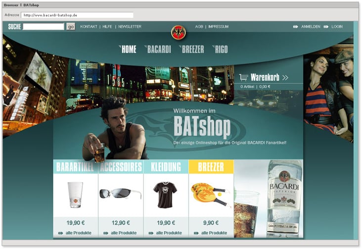 www.bacardi-batshop.de – Relaunch Portal für Bacardi – Screendesign 2005