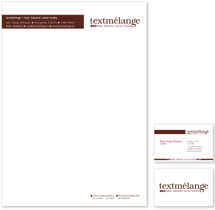 Geschäfstaustattung einer Texterin/Lektorin: Logo, Geschäftspapier und Visitenkarte