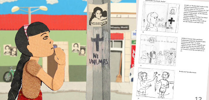 Filmstill aus dem Menschenrechtsfilm „Perdita“, rechts: Storyboardseite der Szene.