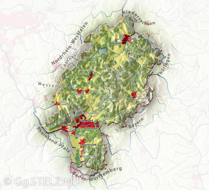 Reliefkarte von Hessen für einen Kinderatlas