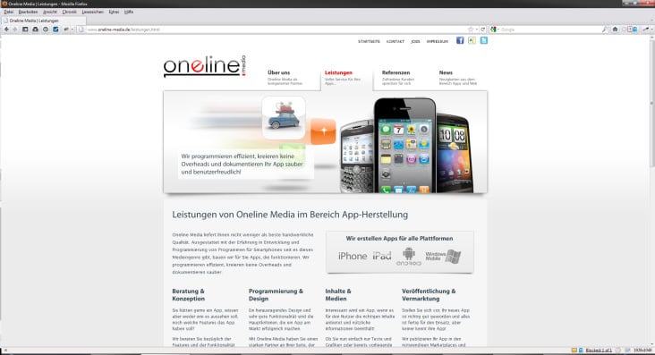 Webdesign/Screendesign und Programmierung für die Webseite von Oneline Media