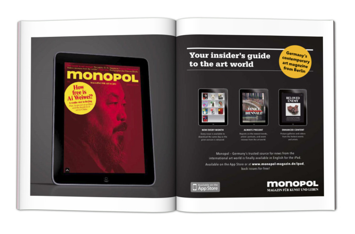 Doppelseite Anzeige für das Monopol Magazin iPad App