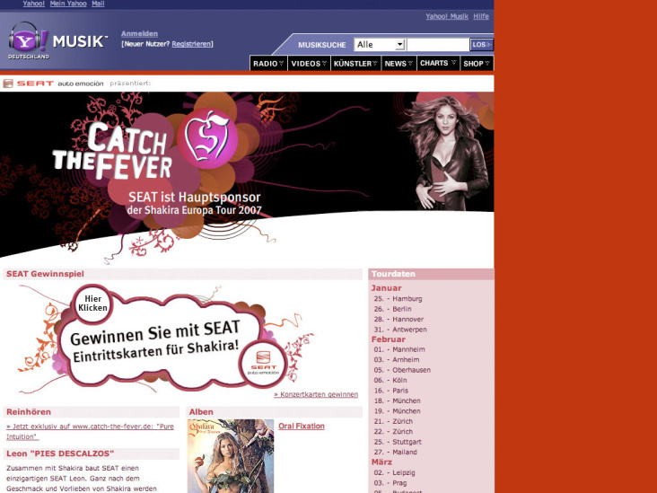 Seat Shakira ‚Catch the Fever‘ Microsite auf Yahoo! Musik