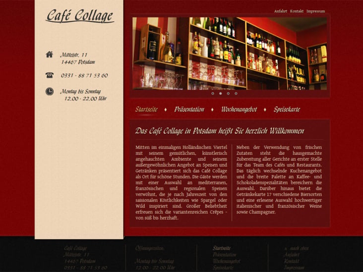 Diese Webpräsenz sollte das gemütliche Flair des Cafés widerspiegeln. HTML, CSS, PHP, JavaScript (jQuery) und ein kleines CMS