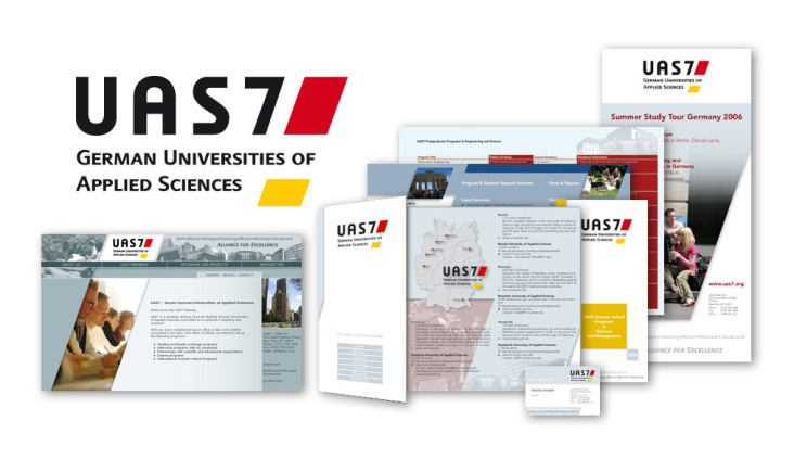 Fachhochschulkonsortium UAS7 Logo-Entwicklung, Webdesign für CMS, Printmedien