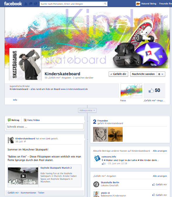 Kinderskateboard Facebookseite – Posting & Recherche